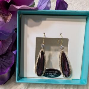NEW Gold-Plated Purple Amethyst Teardrop Earrings w/ Sparkly Swarovski Crystals